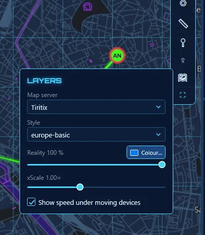 Xodar layers panel: map server, style, reality wash colour and speed under moving devices