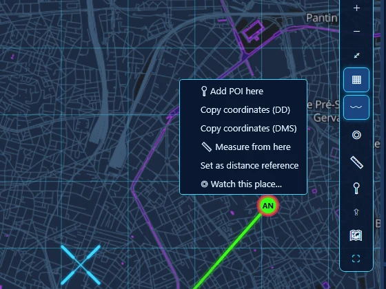 Xodar map context menu: add POI here, copy coordinates, measure from here, set as distance reference, watch this place