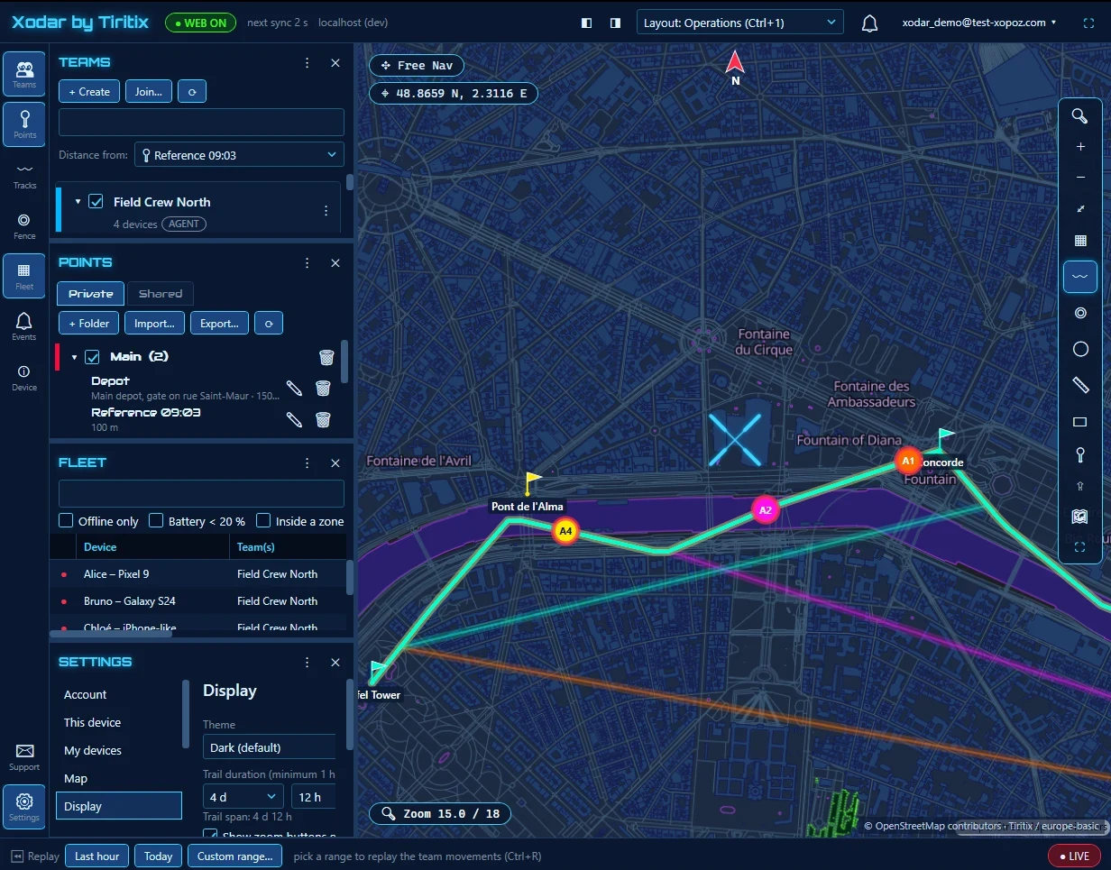 Xodar operations layout: Field Crew North with four devices live on a Paris map, with teams, points of interest, fleet list and replay bar