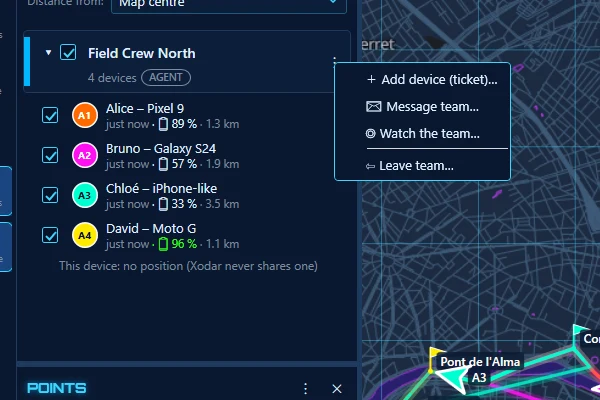 Xodar team menu on Field Crew North: add device, message team, watch the team, leave team