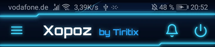 Honor 9 status bar at 20:52 above the Xopoz header: carrier, signal, Wi-Fi, data rate, USB and other icons, battery 48 percent, but no location icon