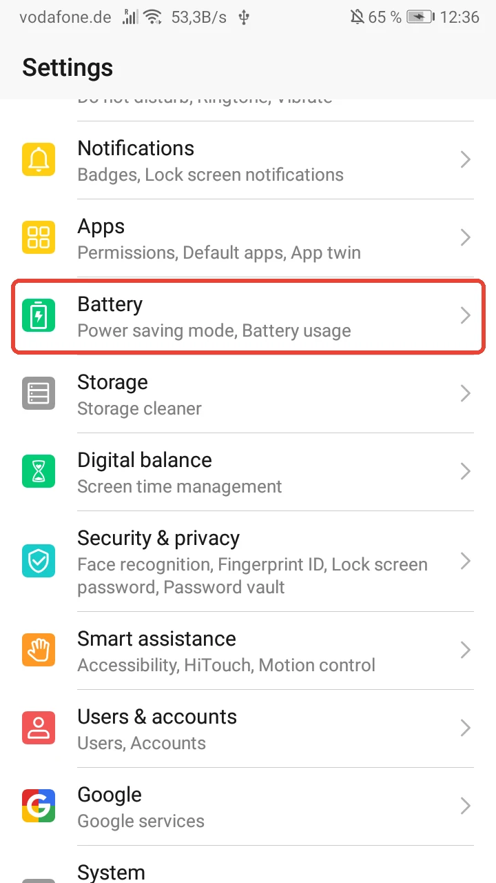 Huawei Settings list with the Battery entry highlighted in red