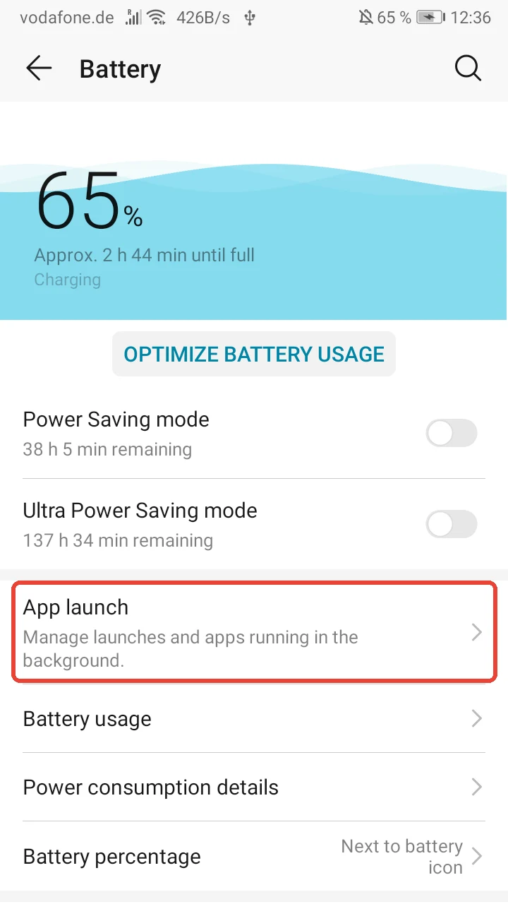 Huawei Battery screen with the App launch entry highlighted in red