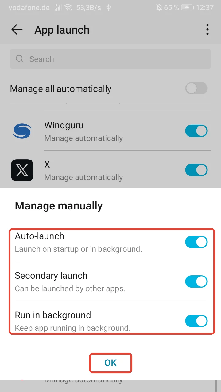 Manage manually window with Auto-launch, Secondary launch and Run in background switched on and the OK button, all highlighted in red