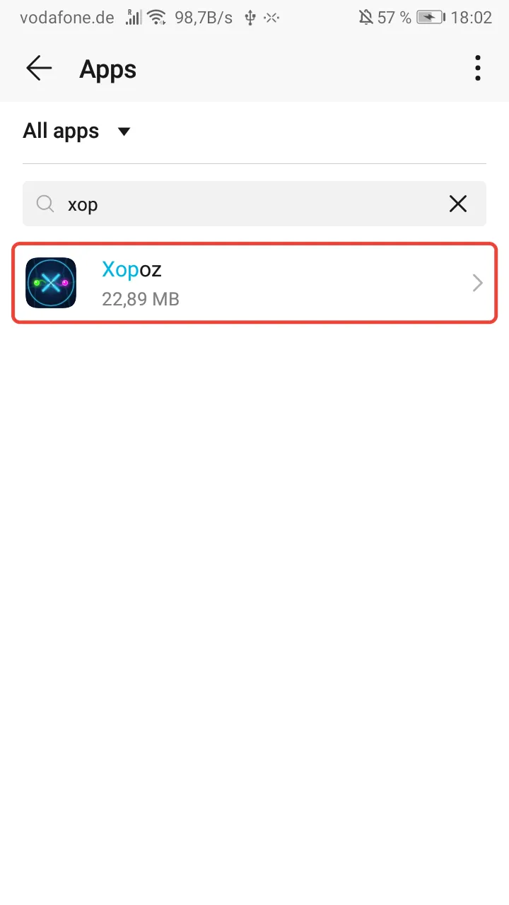 Huawei Apps list filtered with the search text xop, with the Xopoz row highlighted in red