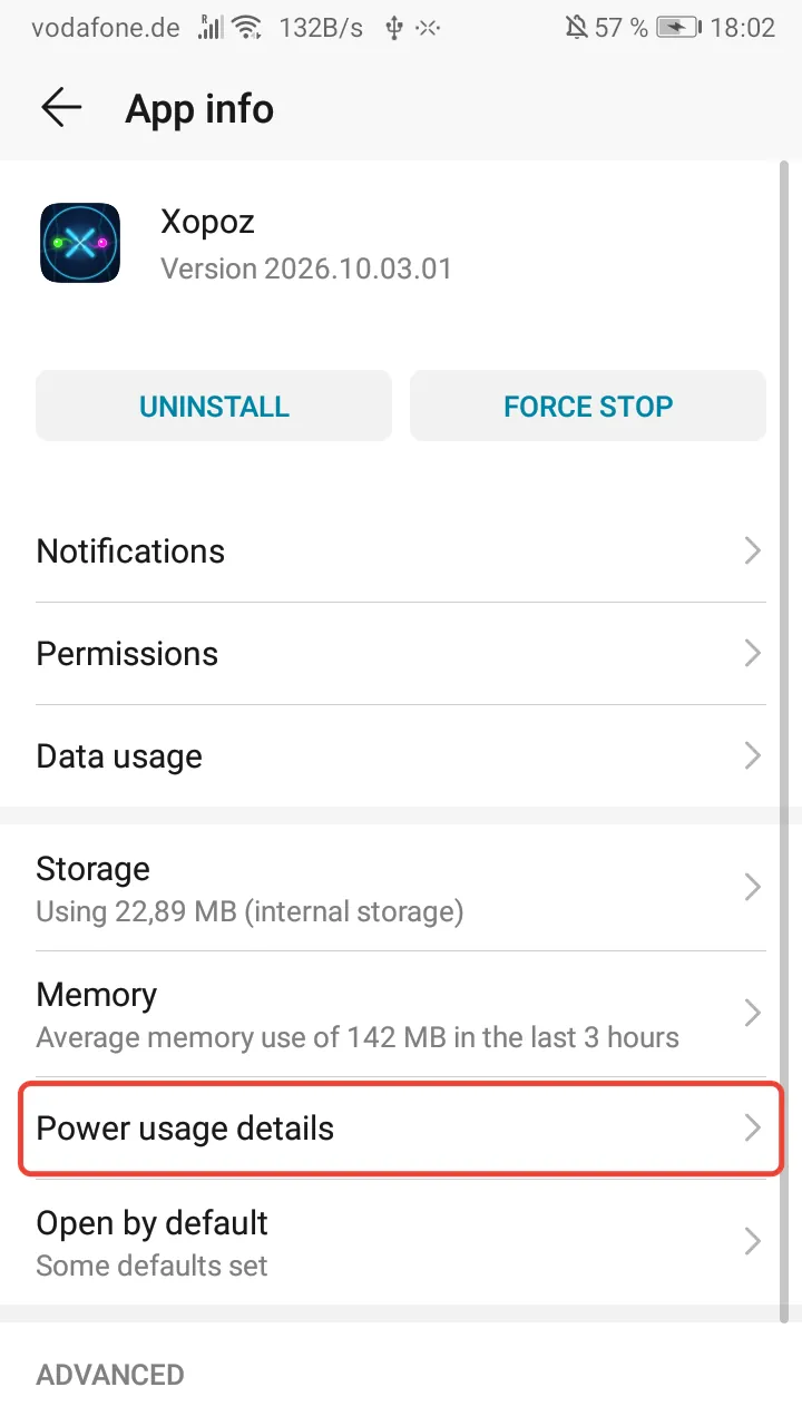 Xopoz App info screen with the Power usage details entry highlighted in red