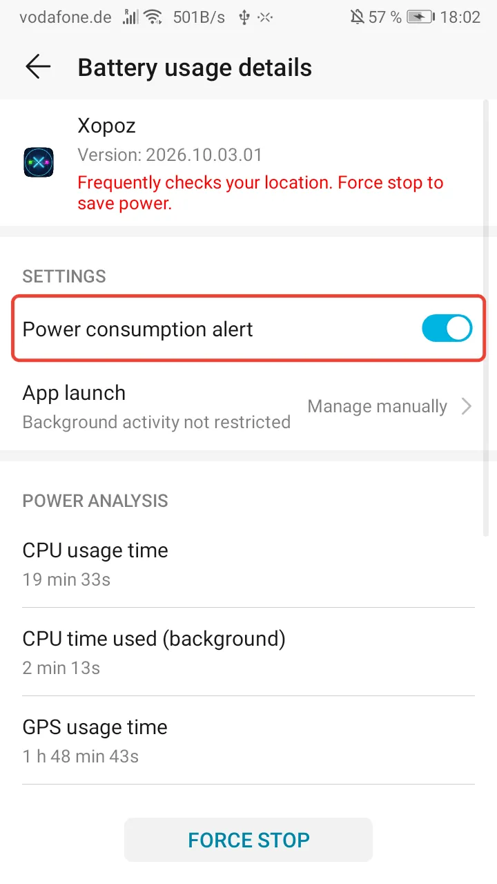 Battery usage details of Xopoz with the Power consumption alert row highlighted in red and its switch on