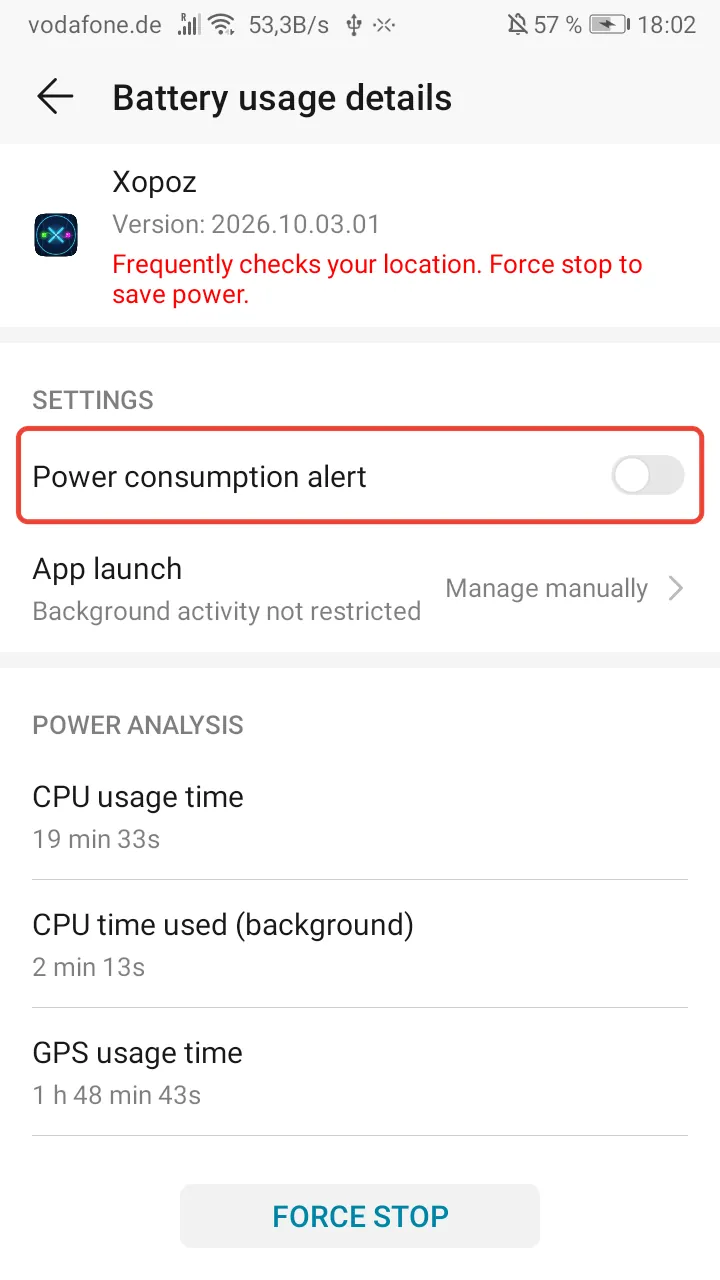Battery usage details of Xopoz with the Power consumption alert row highlighted in red and its switch off