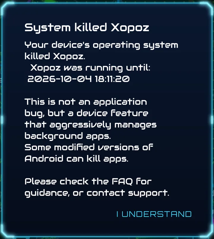 Xopoz dialog titled System killed Xopoz, showing the time Xopoz was running until and the I understand button