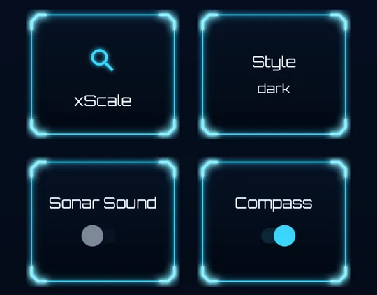 Side menu tiles: xScale, Style, Sonar Sound, Compass