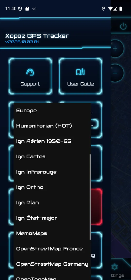 Map Server list: Europe, Humanitarian (HOT), IGN aerial 1950-65, IGN maps, IGN infrared, IGN Ortho, IGN Plan, IGN Etat-major, MemoMaps, OpenStreetMap France, OpenStreetMap Germany, OpenTopoMap