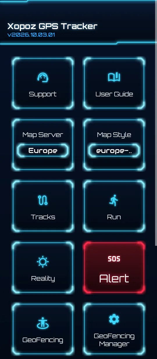 Side menu tiles: Support, User Guide, Map Server, Map Style, Tracks, Run, Reality, Alert, GeoFencing, GeoFencing Manager