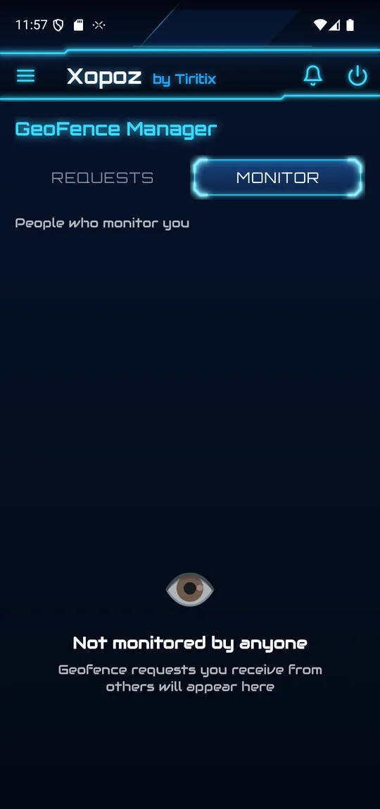 GeoFence Manager, Monitor tab: People who monitor you, empty state Not monitored by anyone