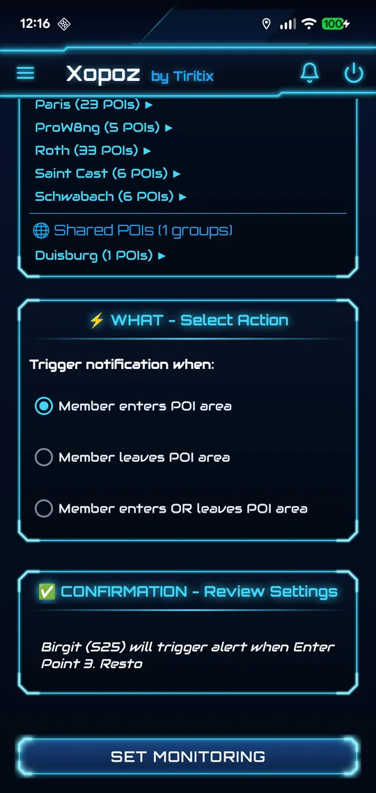 GeoFencing screen: WHAT panel with Member enters POI area selected, CONFIRMATION reading Birgit (S25) will trigger alert when Enter Point 3. Resto, and Set Monitoring button