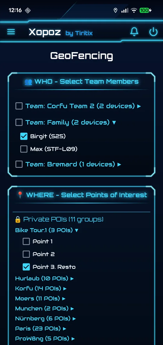 GeoFencing screen: WHO panel with the Family team expanded and Birgit selected, WHERE panel with the Bike Tour group expanded and Point 3. Resto selected