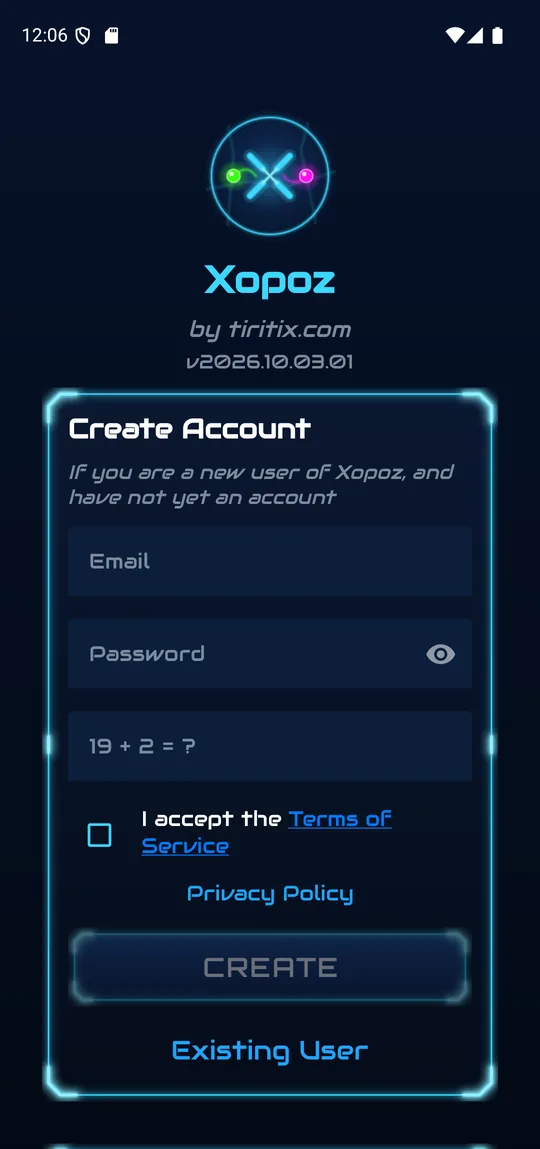 Xopoz Create Account form with Email, Password, a simple addition challenge and the Terms of Service checkbox