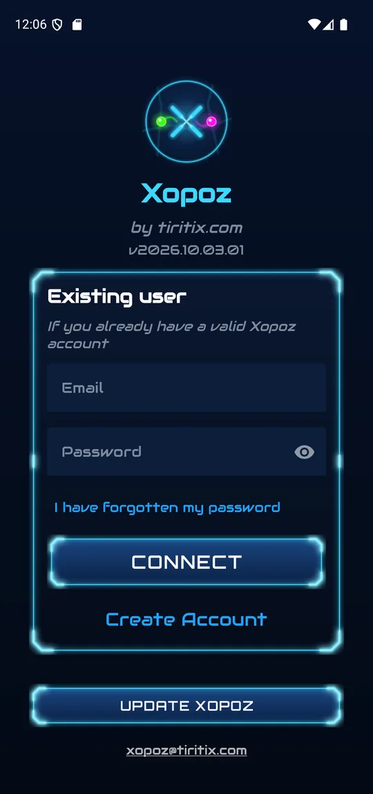 Xopoz login screen with Email and Password fields, Connect button and Create Account link
