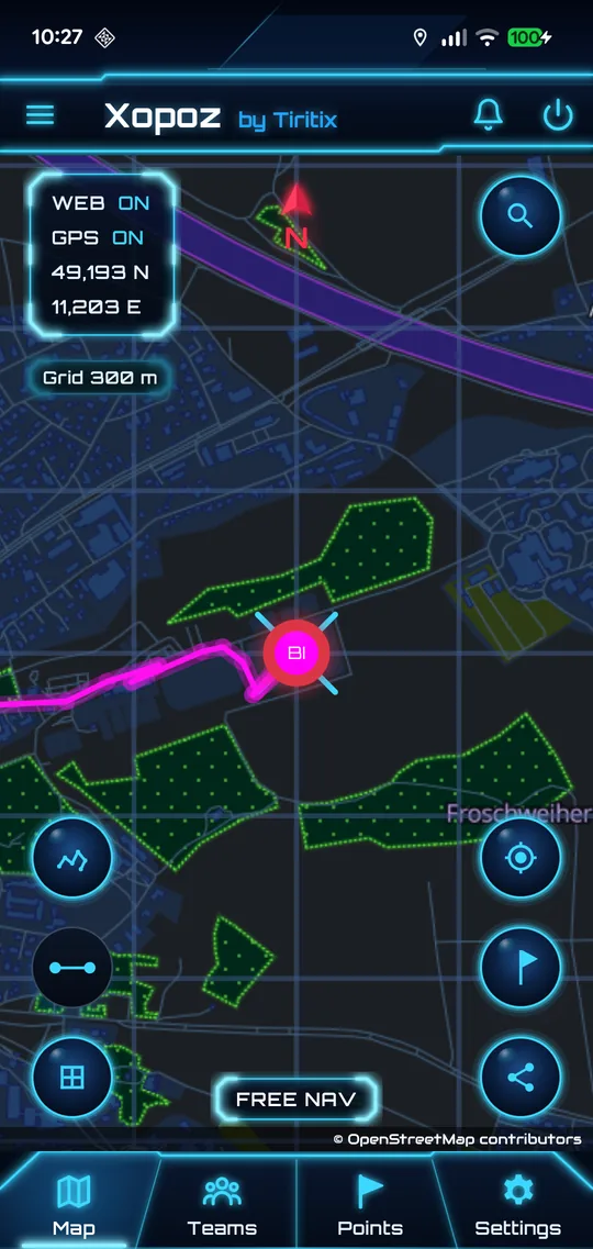 Map with a square reference grid and a Grid 300 m label