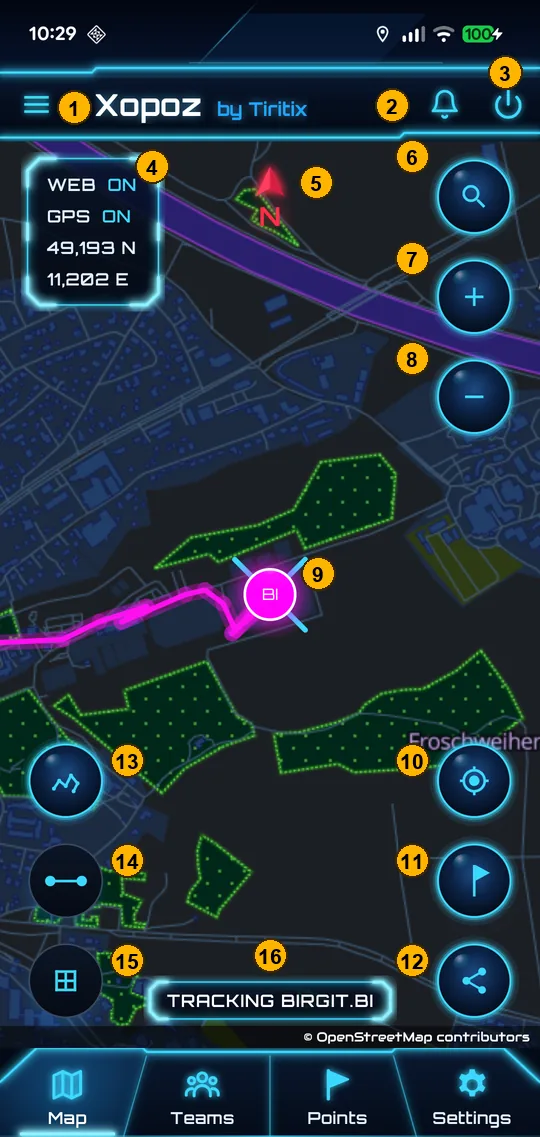 Xopoz map screen with numbered markers on every button and indicator