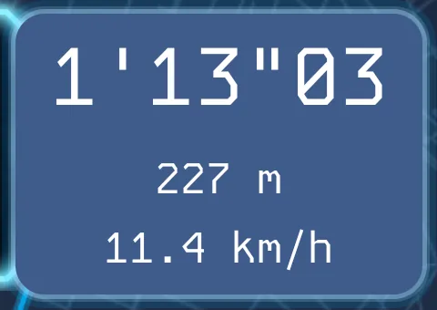Run panel showing 1'13"03 elapsed, 227 m and 11.4 km/h