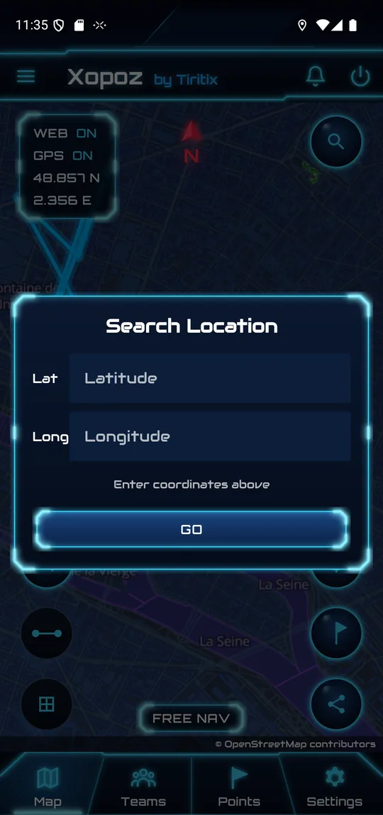 Search Location dialog with Lat and Long fields and a GO button