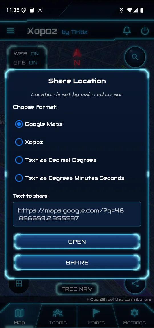 Share Location dialog with four format options and Open and Share buttons