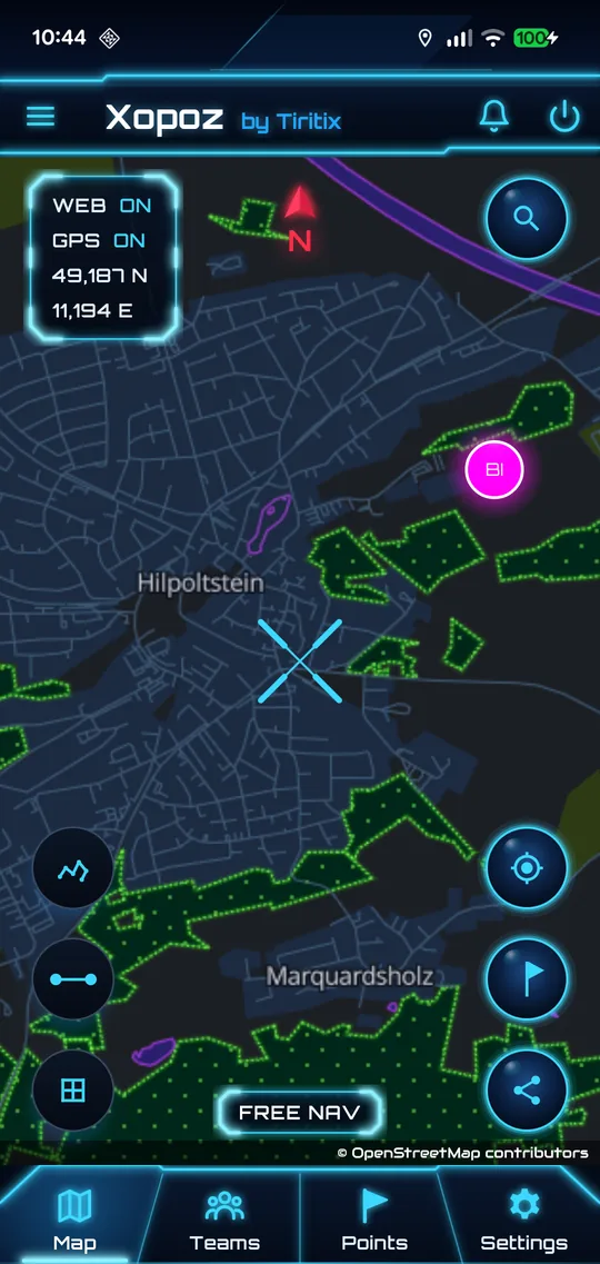 Same map with the Trail button dark: the BI marker is still shown but its trail is hidden