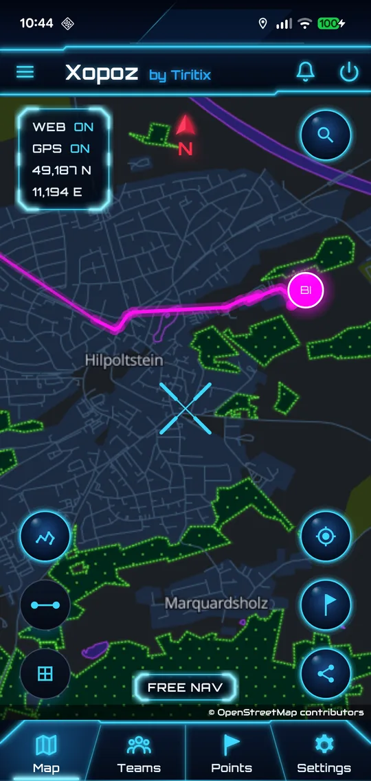 Map over Hilpoltstein with the Trail button glowing blue and the magenta trail of the team device BI drawn up to its marker