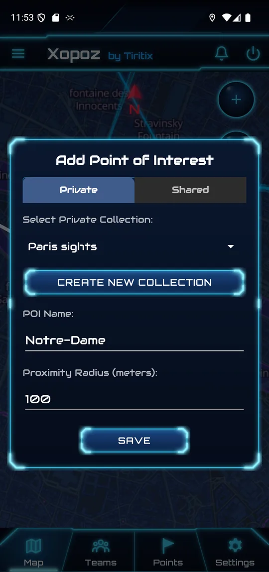 Add Point of Interest dialog, Private tab: collection Paris sights, name Notre-Dame, radius 100