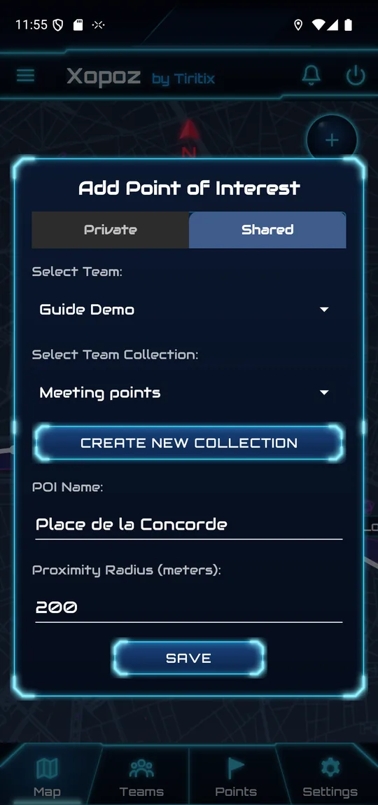 Add Point of Interest dialog, Shared tab: team Guide Demo, collection Meeting points, name Place de la Concorde, radius 200