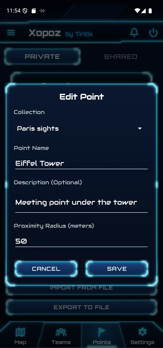 Edit Point dialog: collection, point name Eiffel Tower, description Meeting point under the tower, radius 50