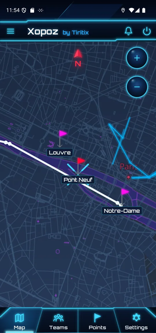 Map of central Paris with pink flags for Louvre and Notre-Dame and a red flag for Pont Neuf