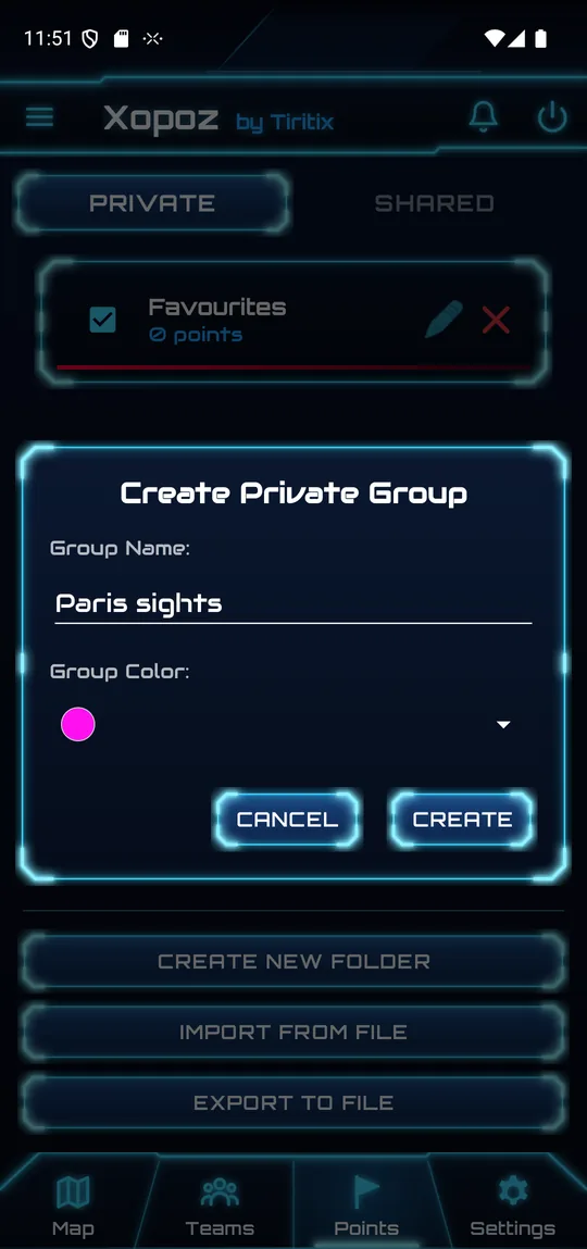 Create Private Group dialog with group name Paris sights and colour Pink