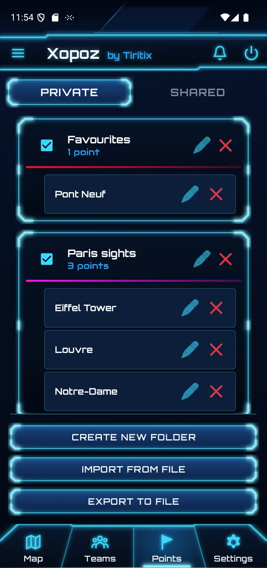 Points tab, Private: Favourites folder with Pont Neuf and Paris sights folder with Eiffel Tower, Louvre and Notre-Dame