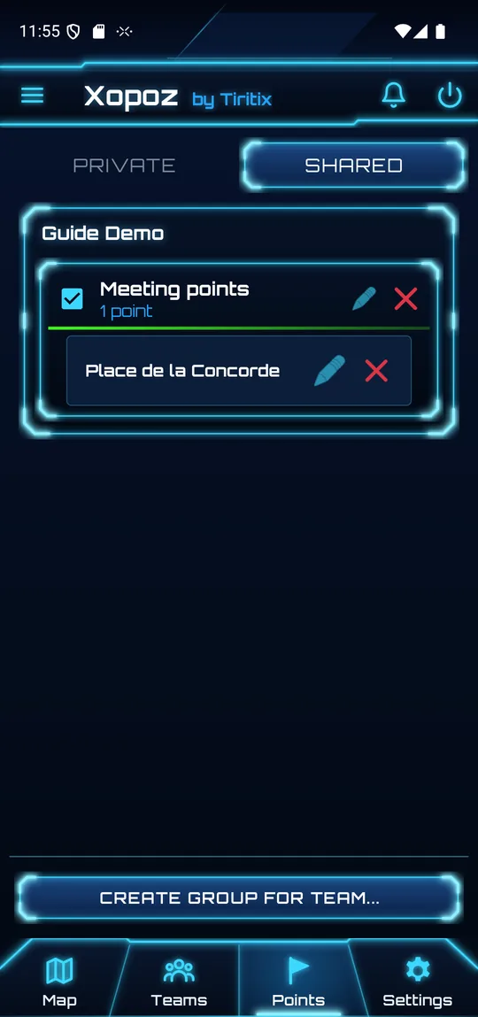 Points tab, Shared: team Guide Demo with the Meeting points folder containing Place de la Concorde