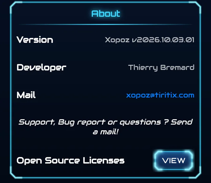 About panel: version, developer, mail and Open Source Licenses View button
