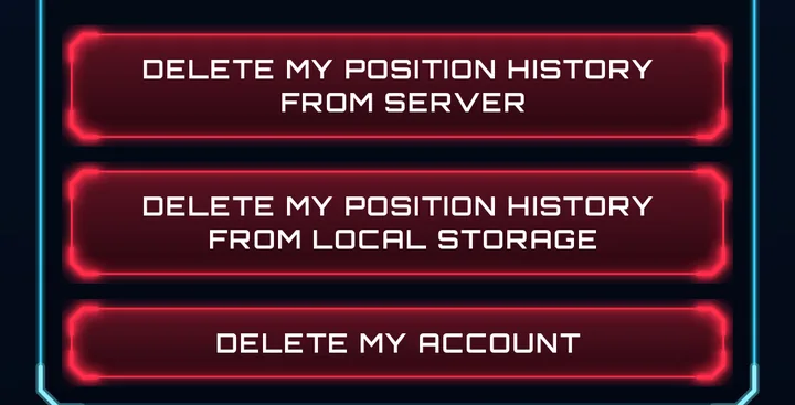 Three red buttons: Delete my position history from server, Delete my position history from local storage, Delete my account