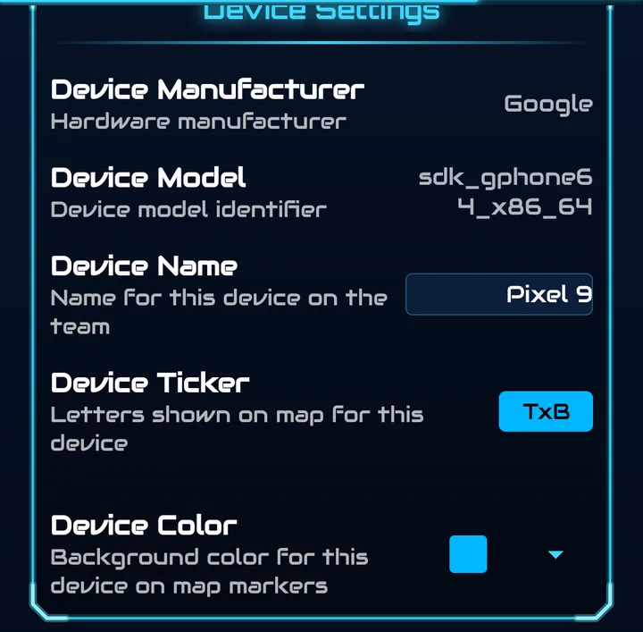 Device Settings: manufacturer, model, device name, device ticker and device colour