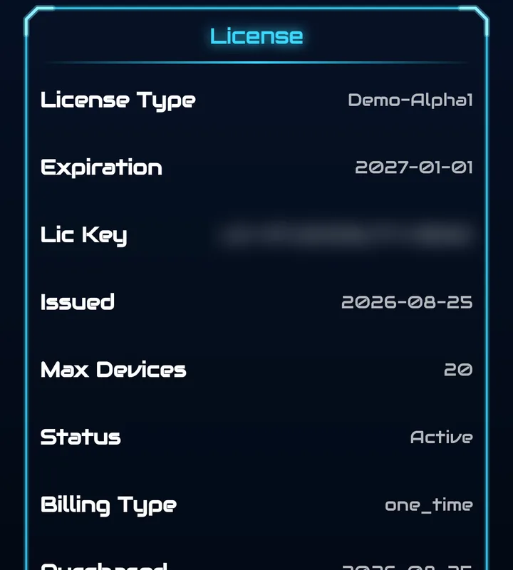 License panel: type Demo-Alpha1, expiration, license key (blurred), issued date, maximum devices 20, status Active, billing type