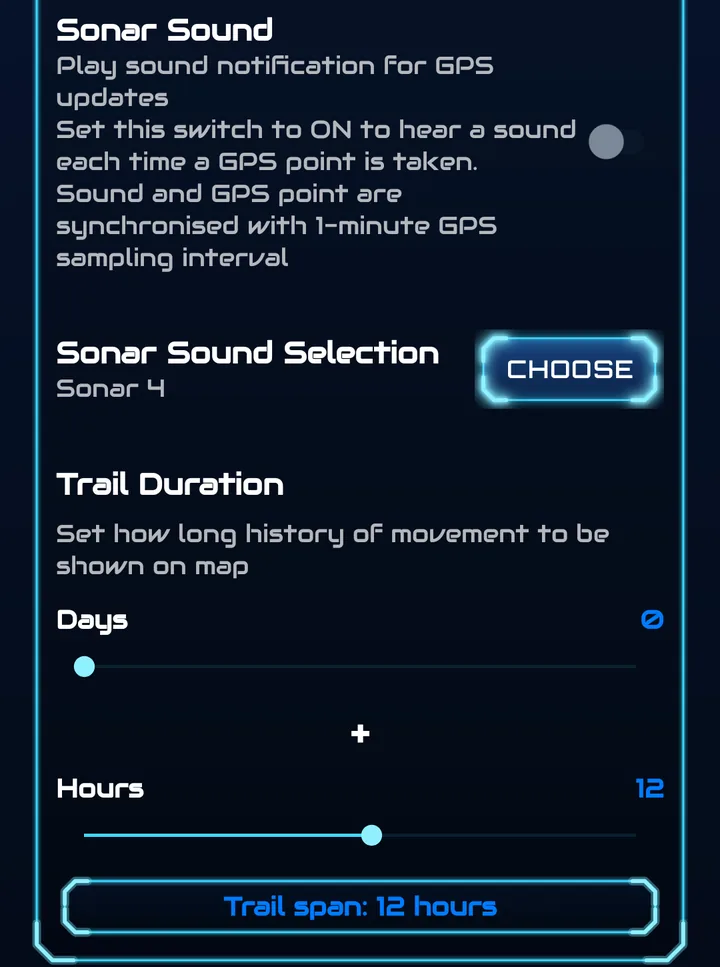 Location Settings: Sonar Sound switch, Sonar Sound Selection with Choose button, Trail Duration with Days and Hours sliders