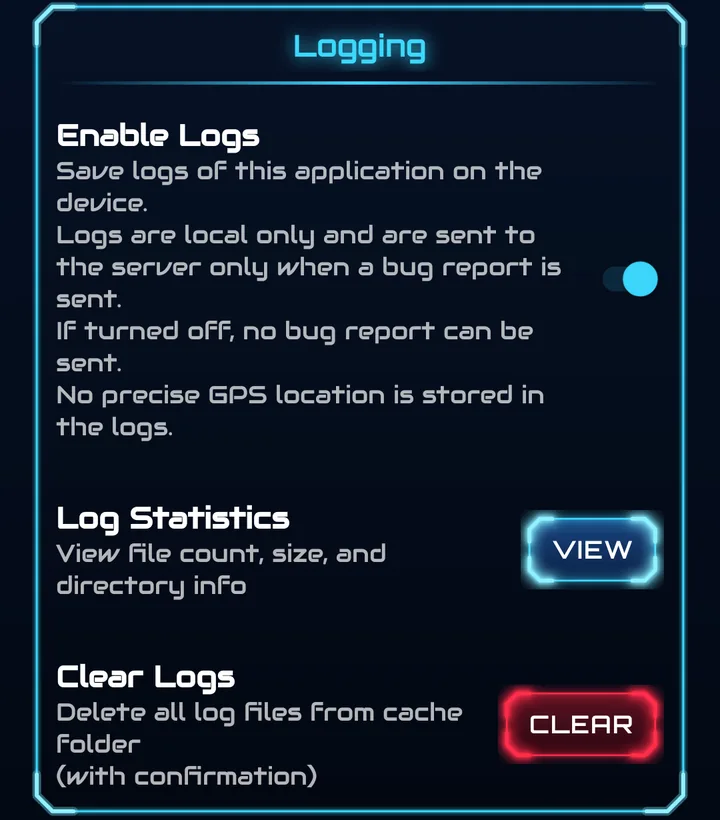 Logging: Enable Logs switch, Log Statistics View button, Clear Logs button