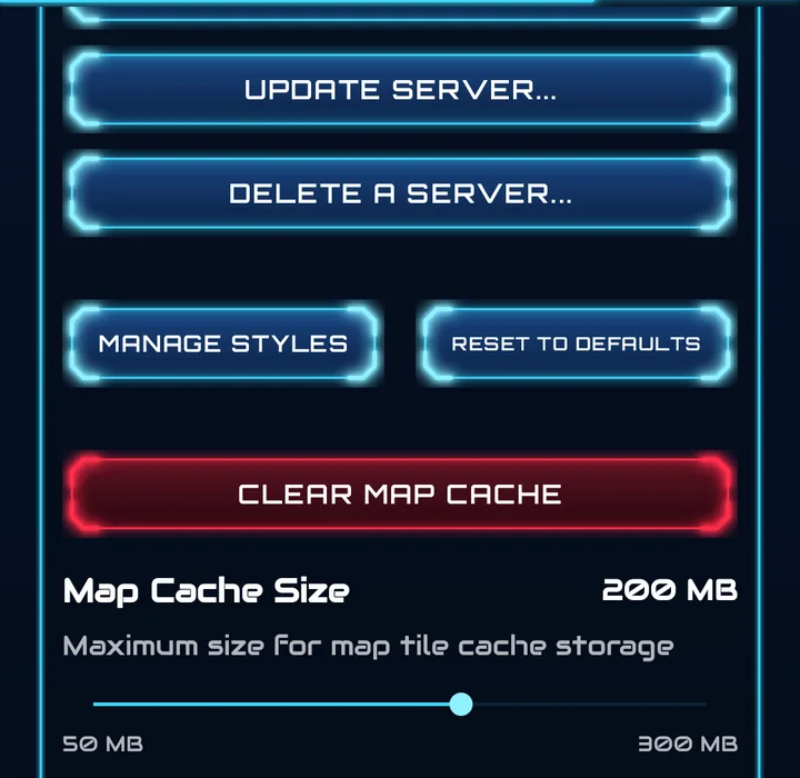 Manage Styles, Reset to Defaults, Clear Map Cache buttons, Map Cache Size slider at 200 MB and the custom server help