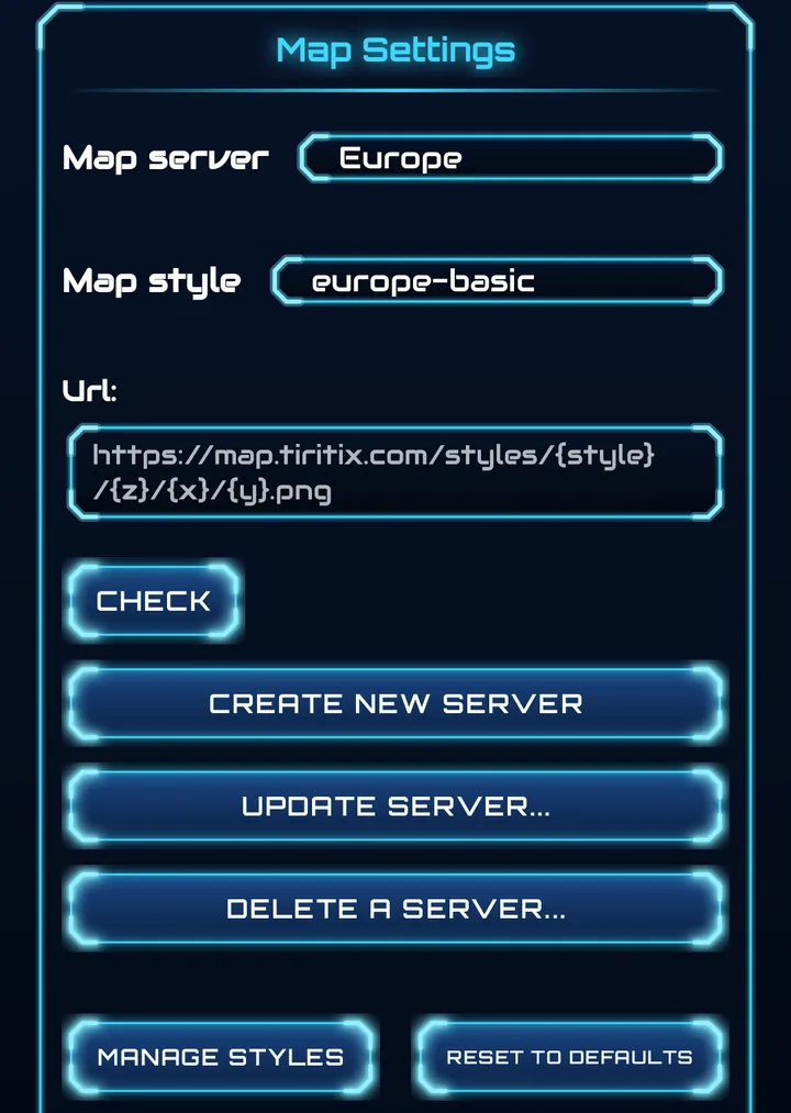 Map Settings: map server Europe, map style europe-basic, tile URL, Check, Create New Server, Update Server and Delete a Server buttons