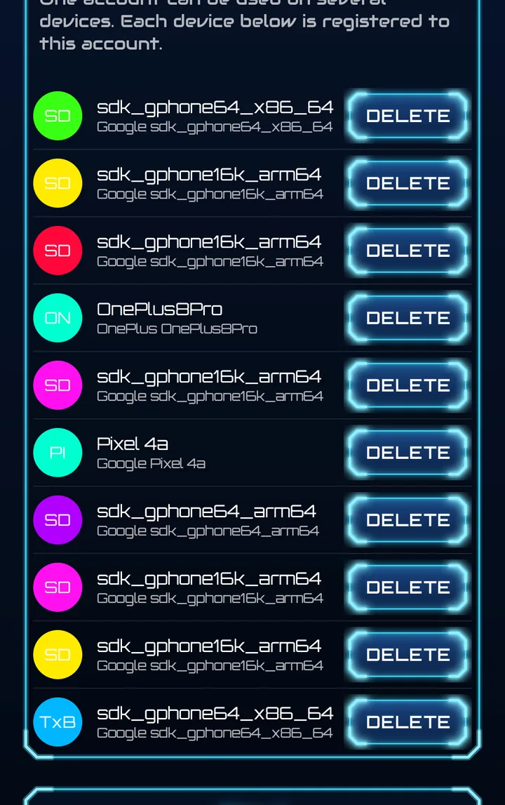My Devices list: every phone registered to the account with its ticker, name, model and a Delete button