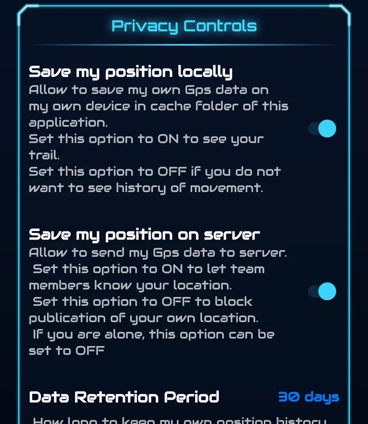 Privacy Controls: Save my position locally and Save my position on server switches with explanations, Data Retention Period