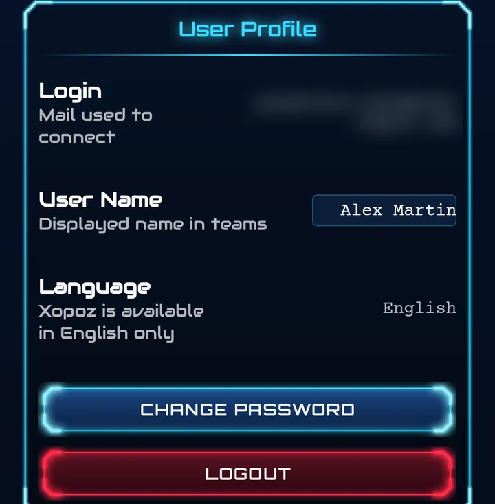 User Profile: Login (blurred), User Name, Language, Change Password and Logout
