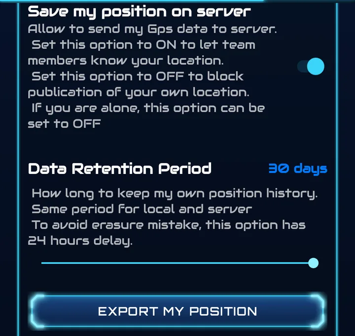 Settings section with Save my position on server switch, Data Retention Period of 30 days and the Export My Position button