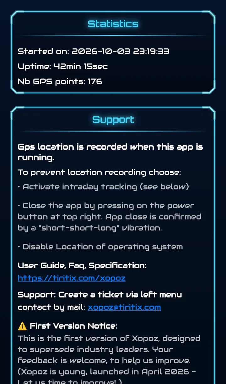 Statistics panel with start time, uptime and number of GPS points, and the Support panel with instructions