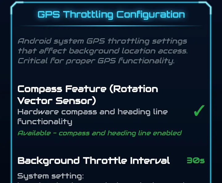 GPS Throttling Configuration: compass feature available, background throttle interval 30s, whitelist status, significant motion detector not available, Fix GPS Throttling Issues button