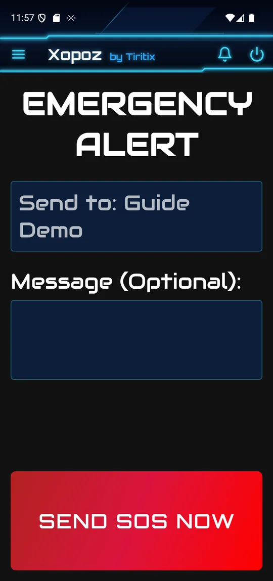 Emergency Alert screen: Send to Guide Demo, optional message box and a large red Send SOS Now button
